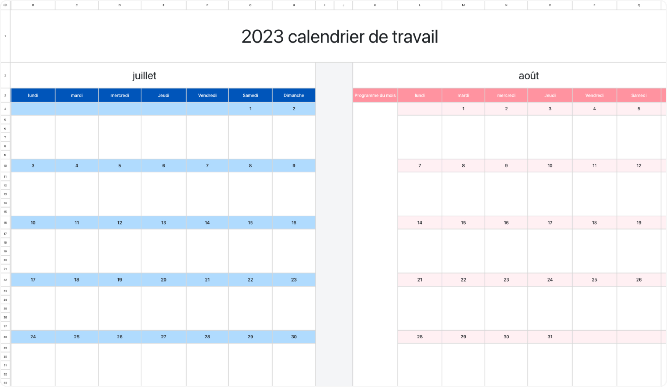 2023 calendrier de travail